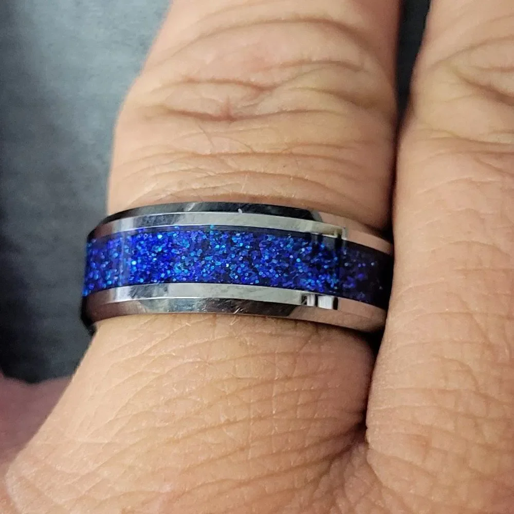 Personalized Men's Real Silver Tungsten Promise Ring With Blue Galaxy Opal Inlay
